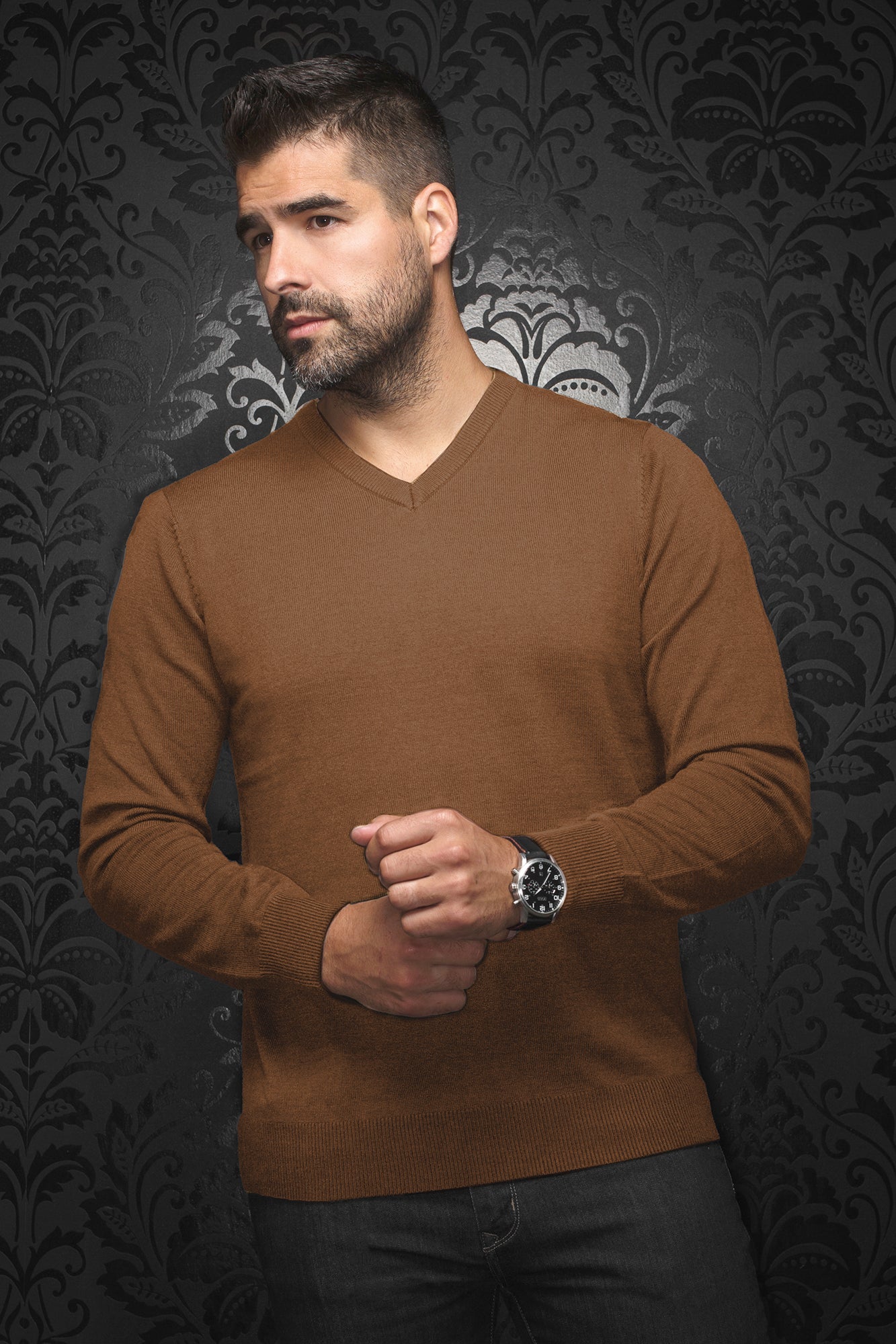 Men s merino wool V neck sweater by Au Noir SAXONY Brown Menshirt entire collection of the Au Noir brand