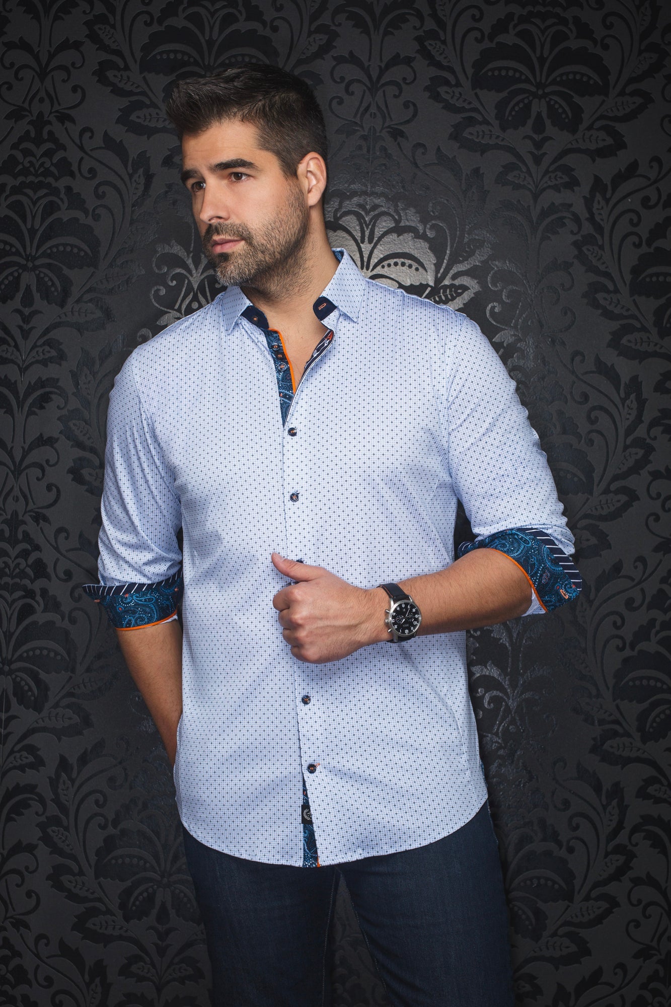 Chemise manches longues en Knit pour homme par Au Noir | CALDARA Blanc Bleu | Machemise.ca, inventaire complet de la marque Au Noir